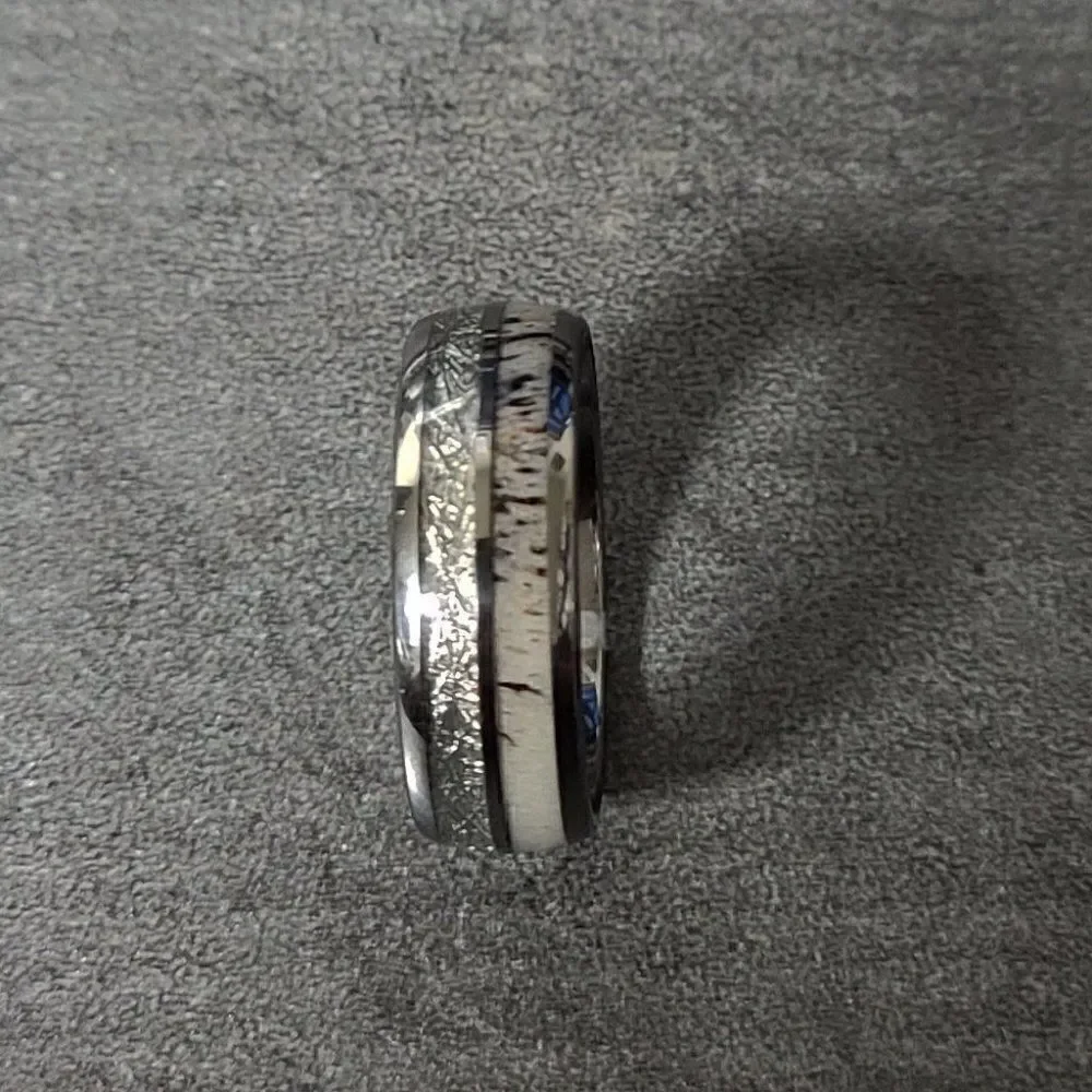 Personalized Men's Real Silver Tungsten Wedding Ring Meteor & Deer Antler Inlay